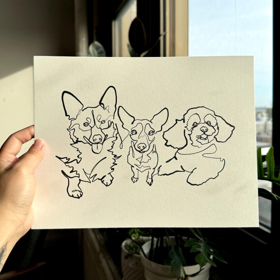 Three Pets Single-Line Custom Portrait